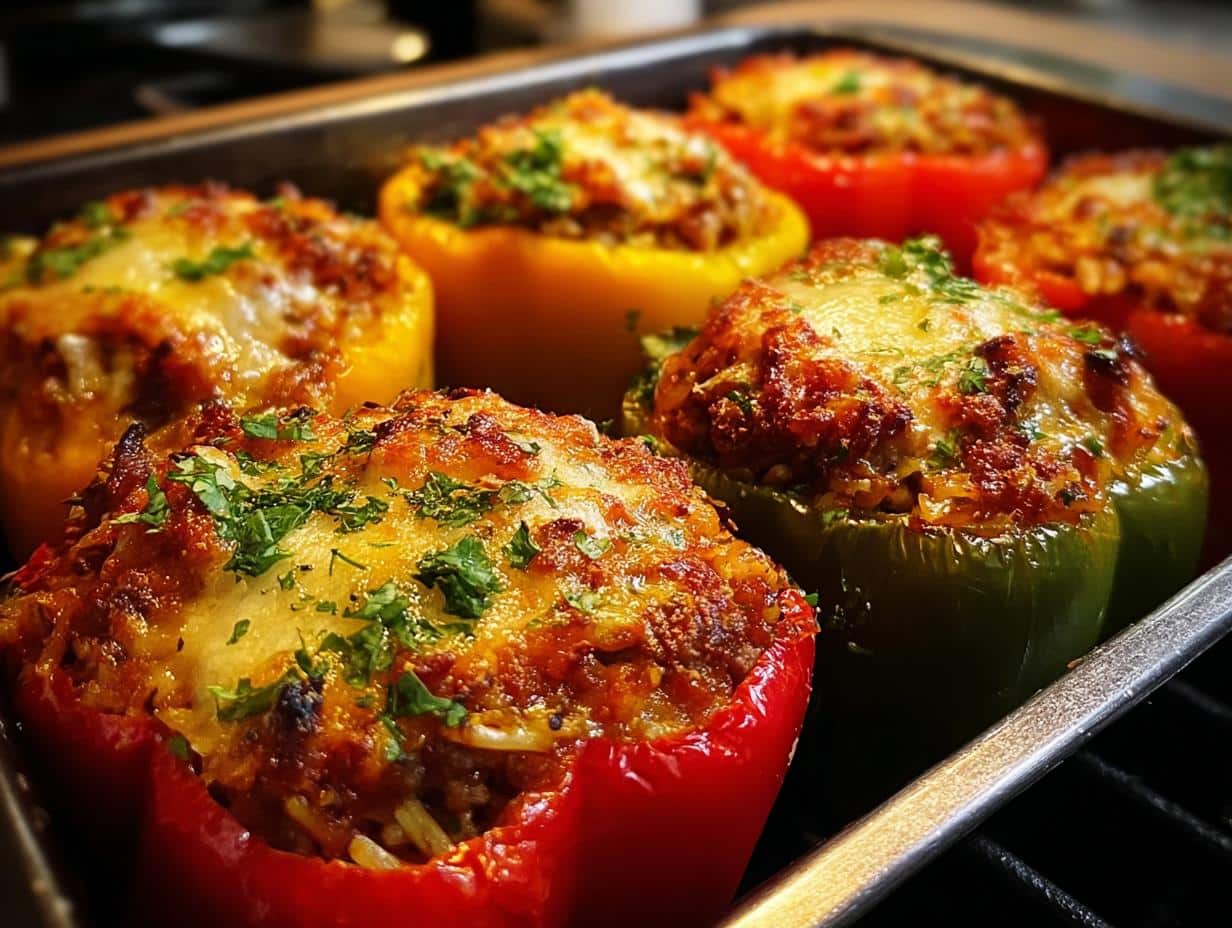 Stuffed Bell Pepper Boats: 3 Amazing Ways - Close-up of stuffed bell pepper boats with melted cheese