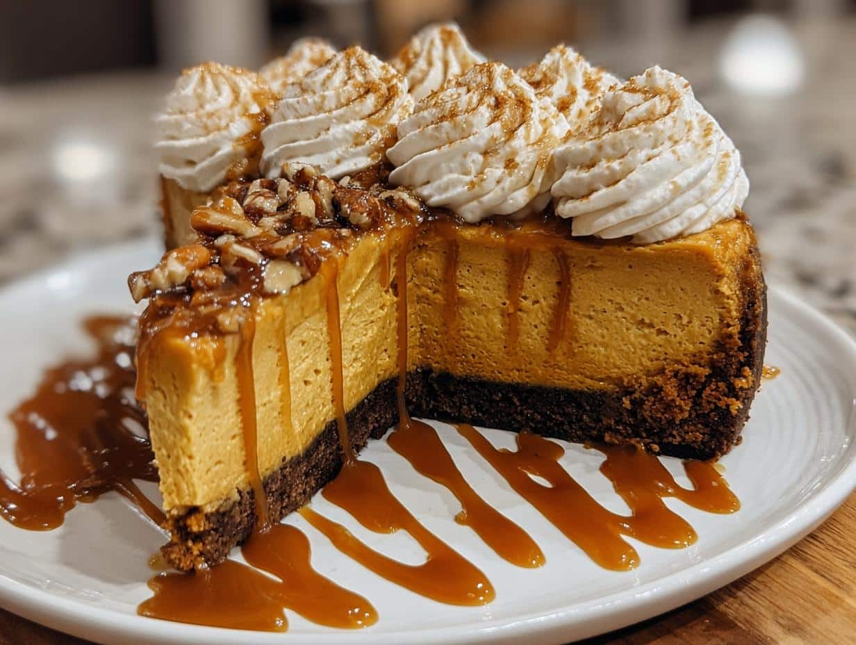 Creamy Pumpkin Cheesecake Pecan - close-up of the cheesecake texture