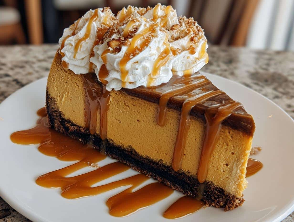 Creamy Pumpkin Cheesecake Pecan - slice of cheesecake with toppings