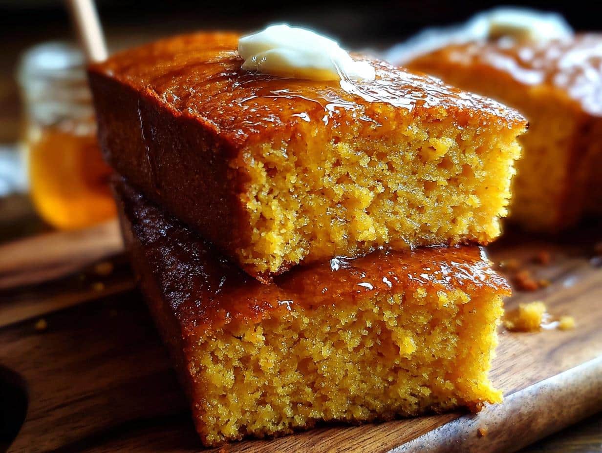 Close-up of warm Irresistible Honey Butter Sweet Potato Cornbread with honey butter melting