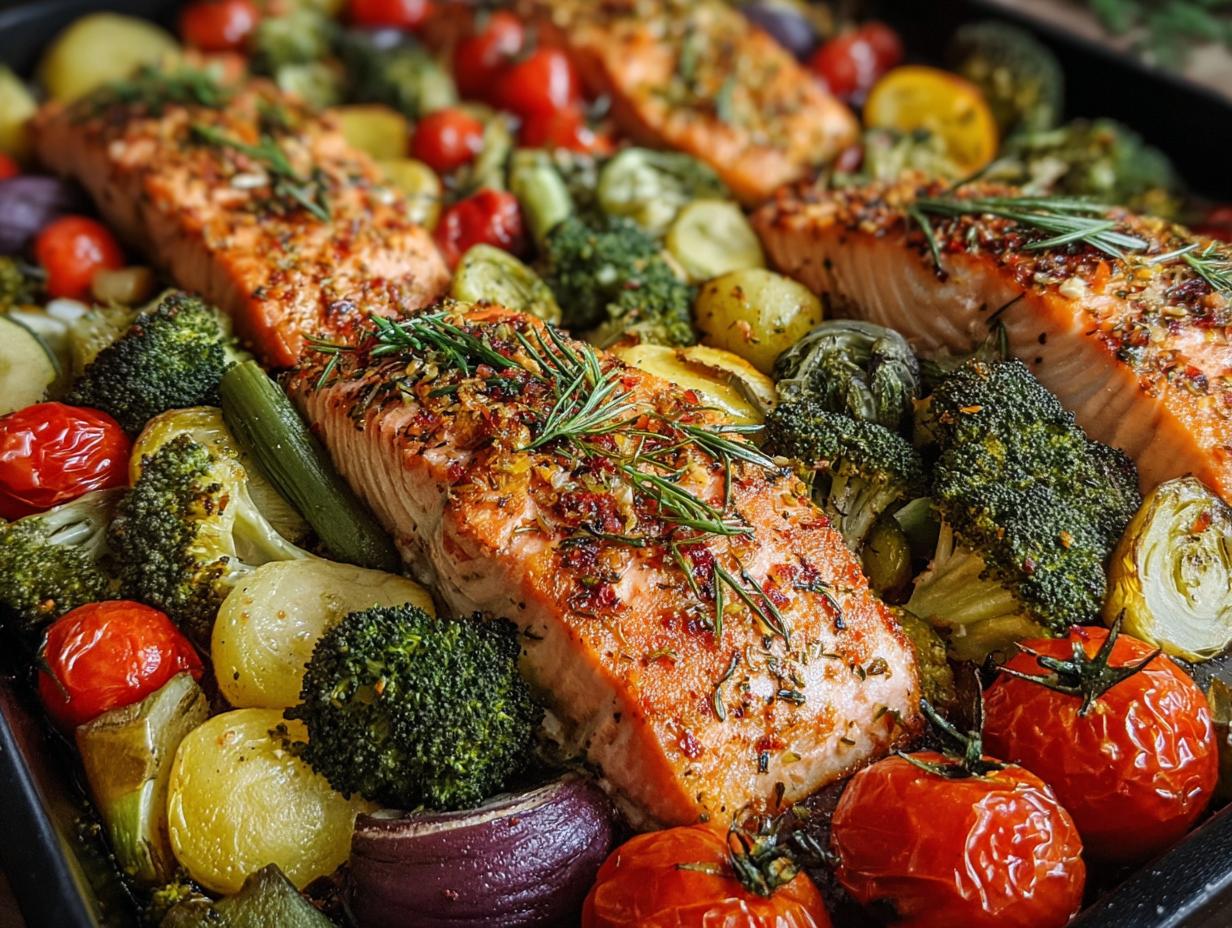 Juicy Salmon Veggie Sheet: 1 Easy Meal - Juicy Salmon Veggie Sheet - additional detail