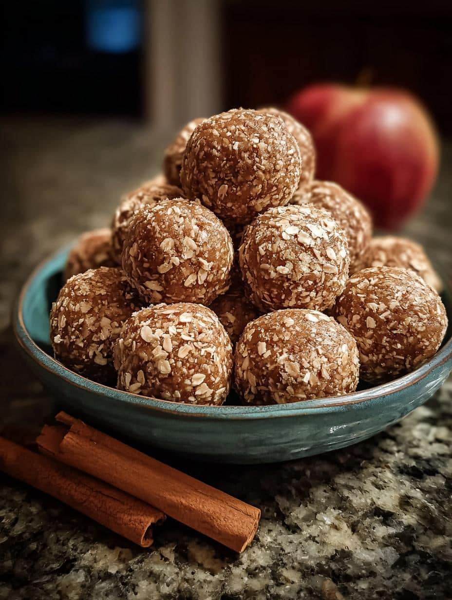 Close-up of Apple Cinnamon Energy Balls, showing the texture of oats and dried apple pieces, ready to be enjoyed as a healthy snack.
