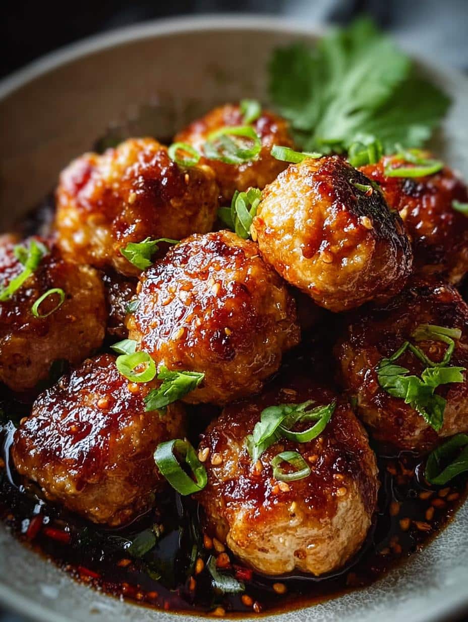 Delicious Asian Chicken Meatballs coated in a sticky glaze, garnished with sesame seeds and scallions, ready to serve