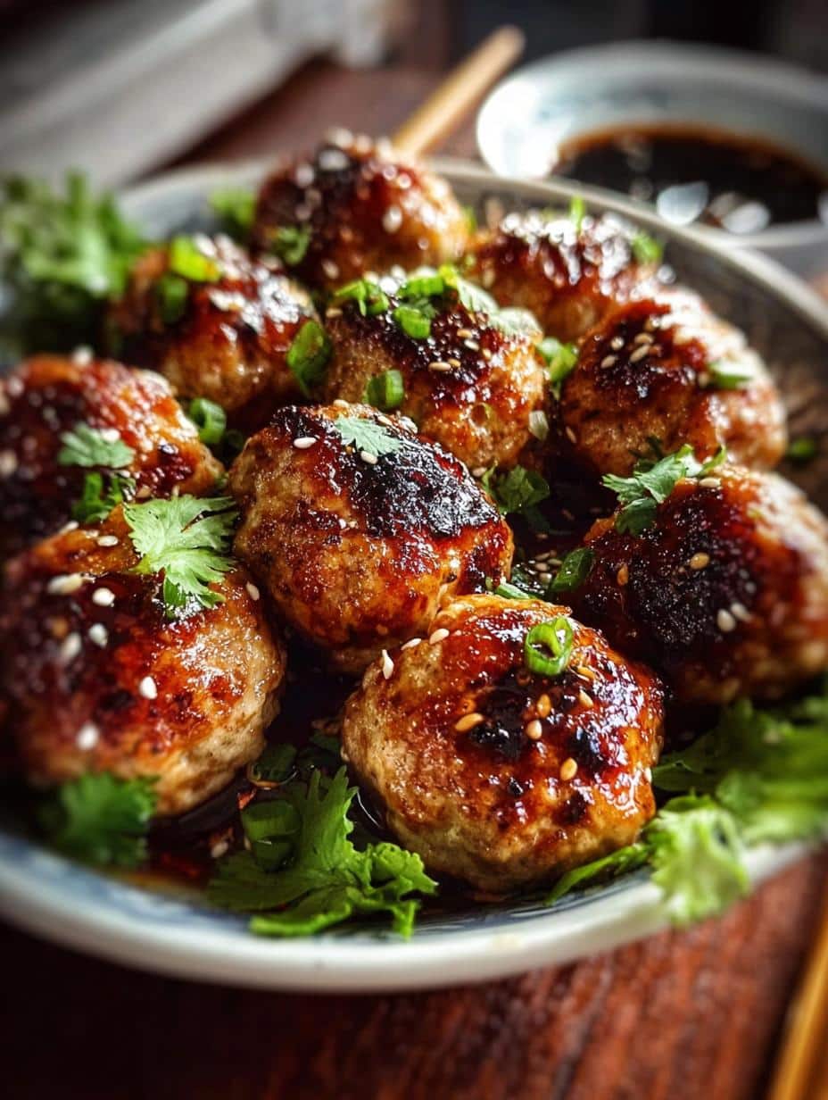 Close-up of perfectly cooked Asian Chicken Meatballs with a glossy sauce, garnished with fresh scallions