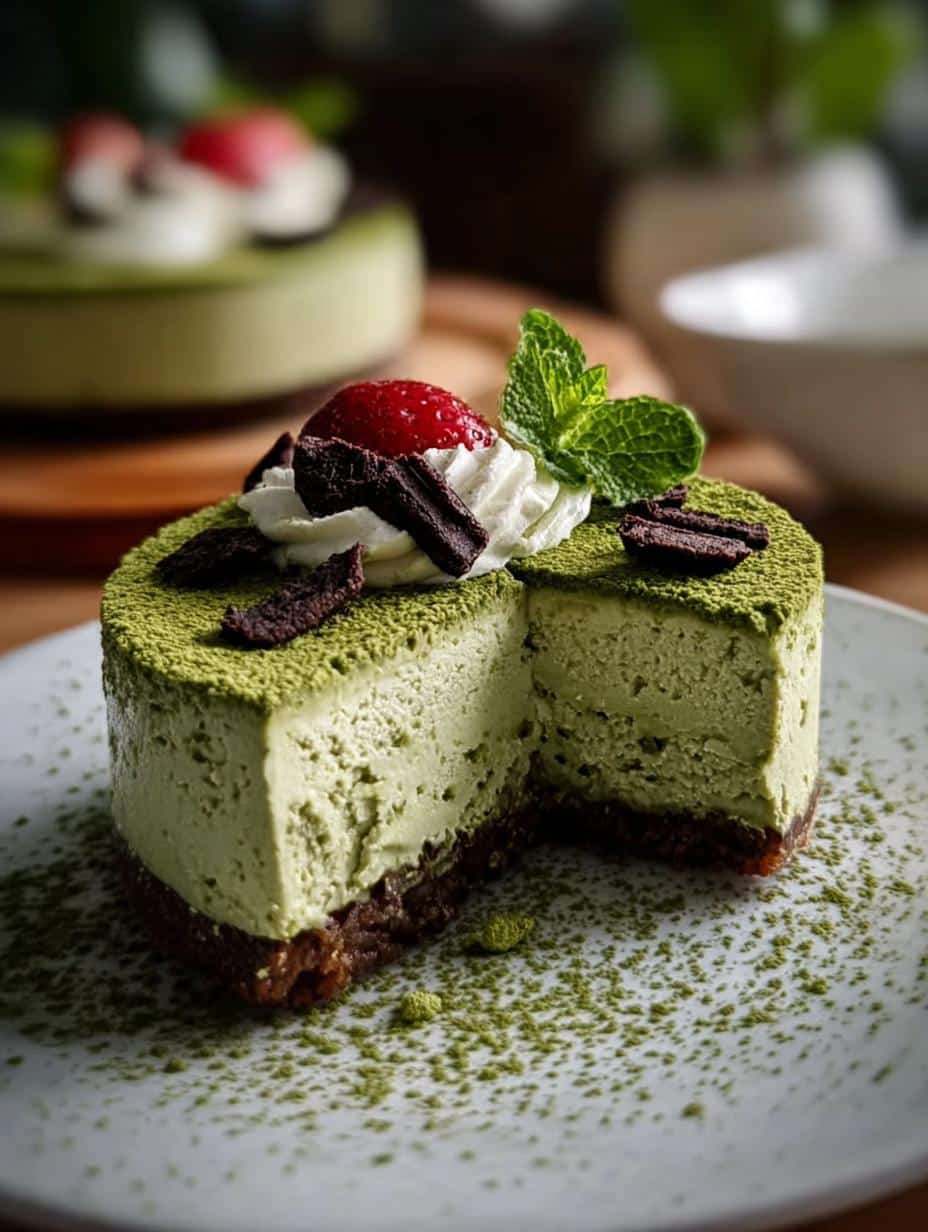Deliciously vibrant Bake Matcha Cheesecake with a perfect slice removed, showcasing its creamy texture and green color on a white plate