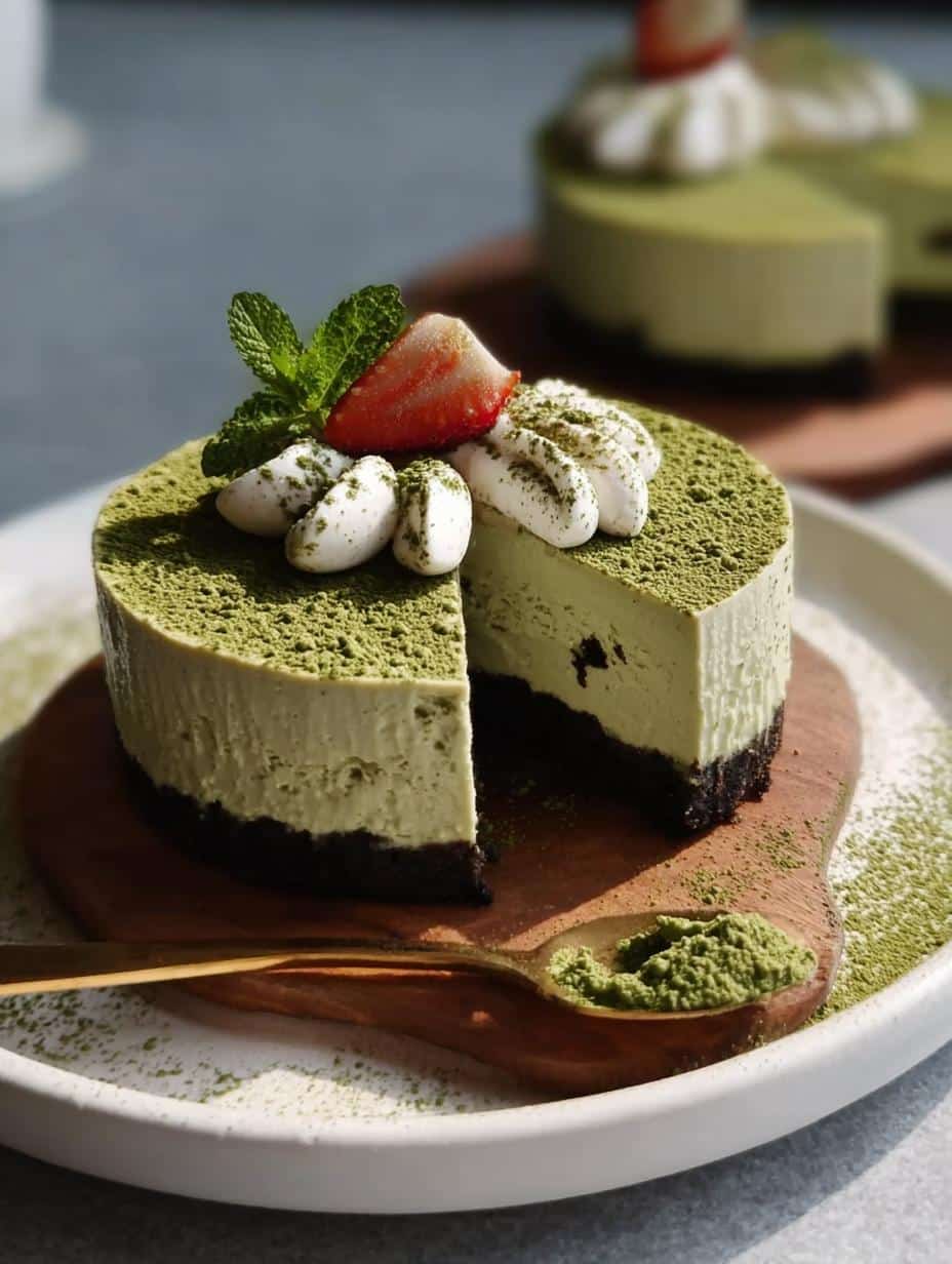 Close-up of a slice of Bake Matcha Cheesecake on a plate, garnished with fresh raspberries and a dusting of matcha powder