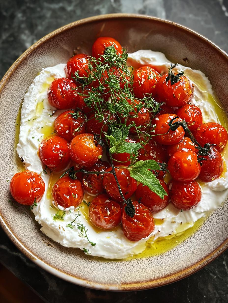 Close-up of Cherry Tomato Confit Whipped with a spoon, showing the rich texture and vibrant colors, perfect for an appetizer