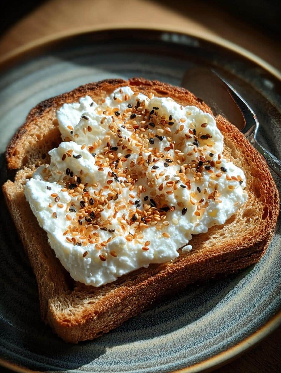 Delicious Cottage Cheese Toast Hacks with fresh berries and honey drizzle on a wooden board