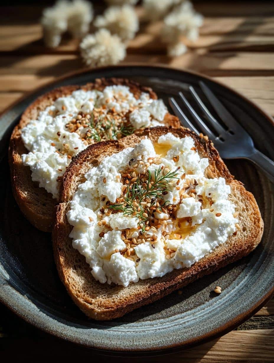 Variety of Cottage Cheese Toast Hacks with sweet and savory toppings on a rustic wooden table