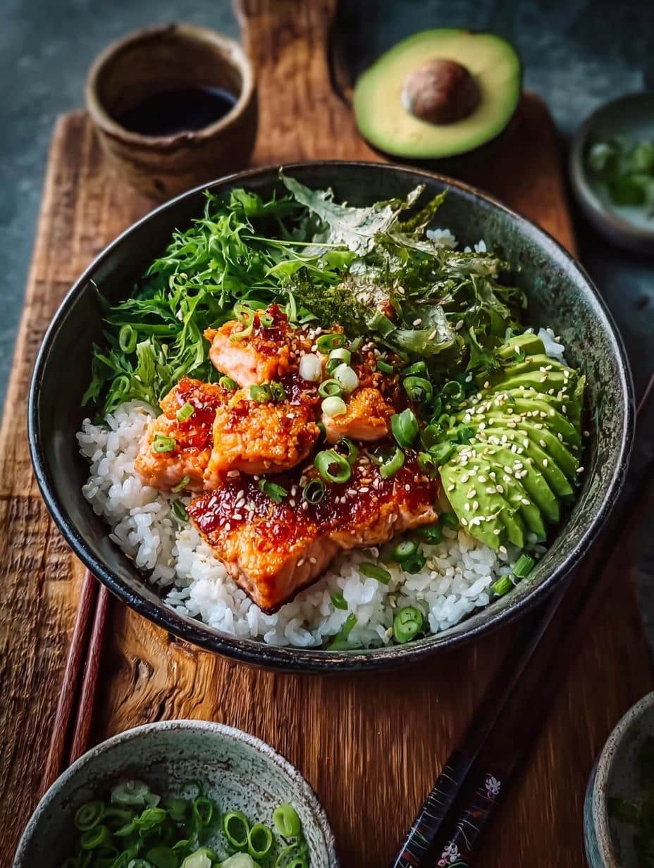 Delicious Crispy Salmon Rice Bowl with avocado, green onions, and sesame seeds, ready to eat