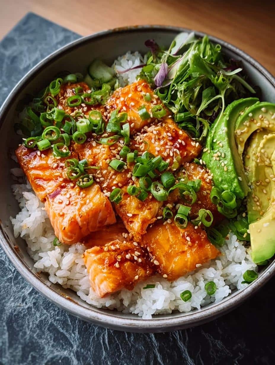 Close-up of a Crispy Salmon Rice Bowl, showing the flaky salmon and vibrant toppings