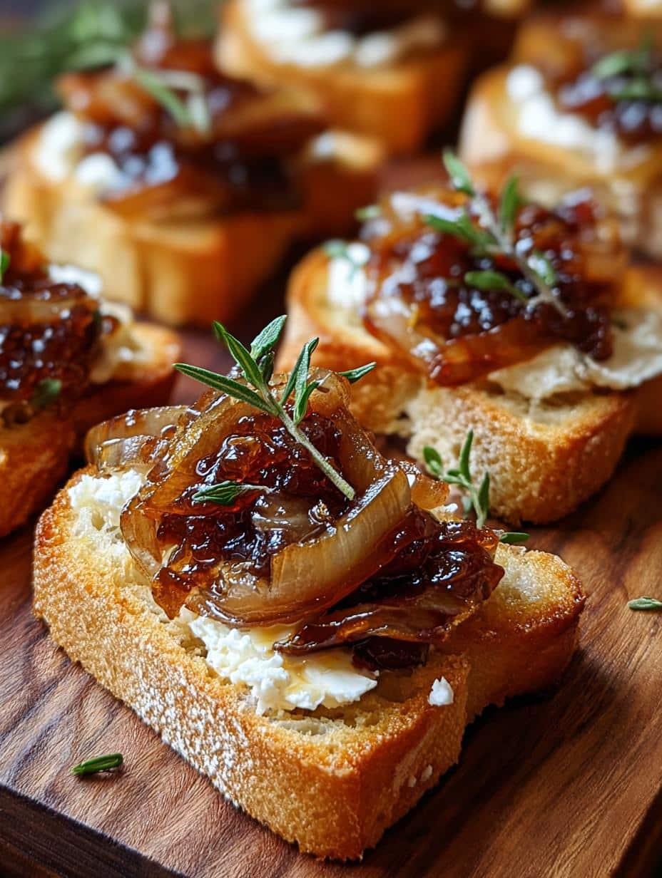 Delicious Crostini Caramelized Onion Fig appetizer with creamy brie and prosciutto