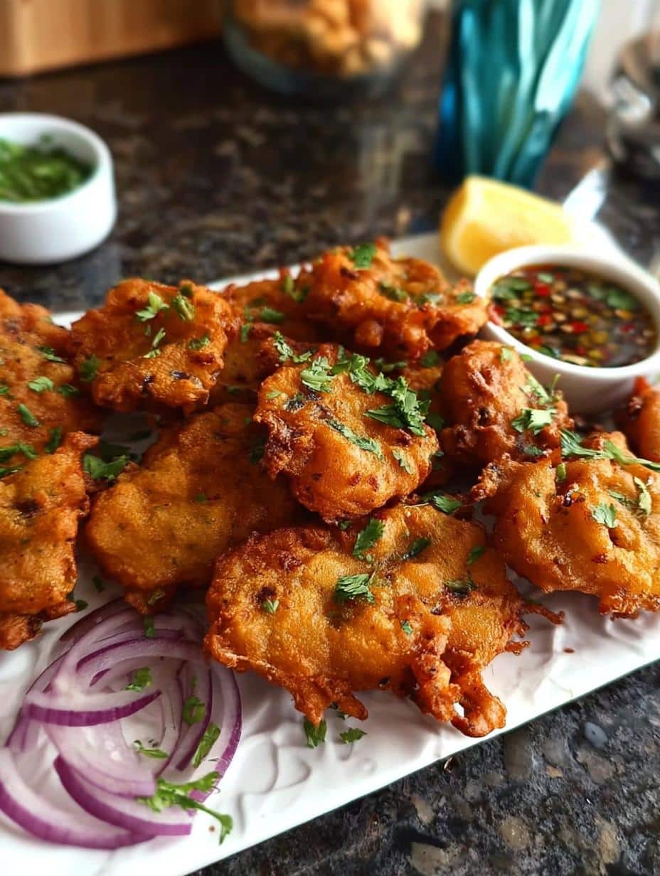 Deliciously crispy Fish Pakora served hot with a side of green chutney, showcasing the golden-brown exterior and tender fish inside.
