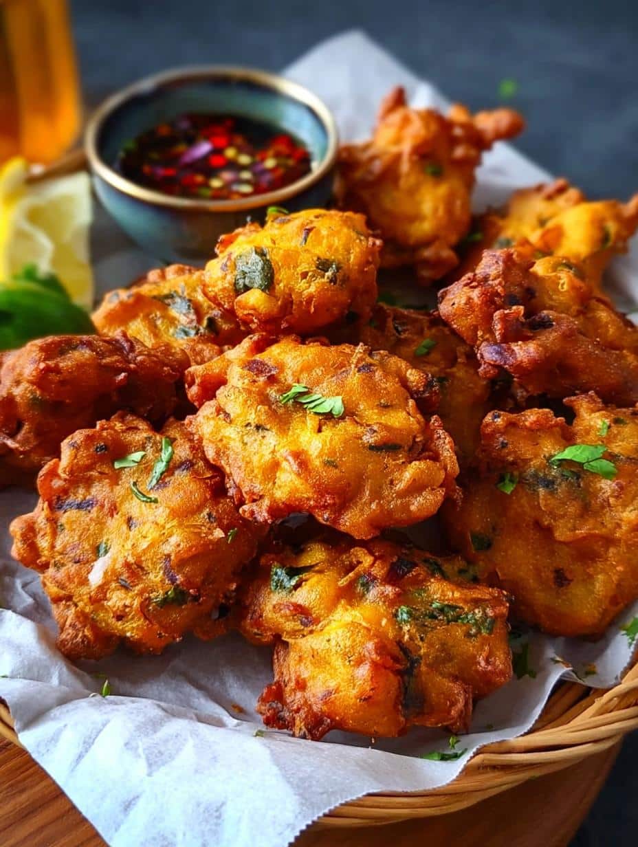 A close-up shot of crispy Fish Pakora pieces arranged on a serving platter, garnished with fresh coriander and lemon wedges.