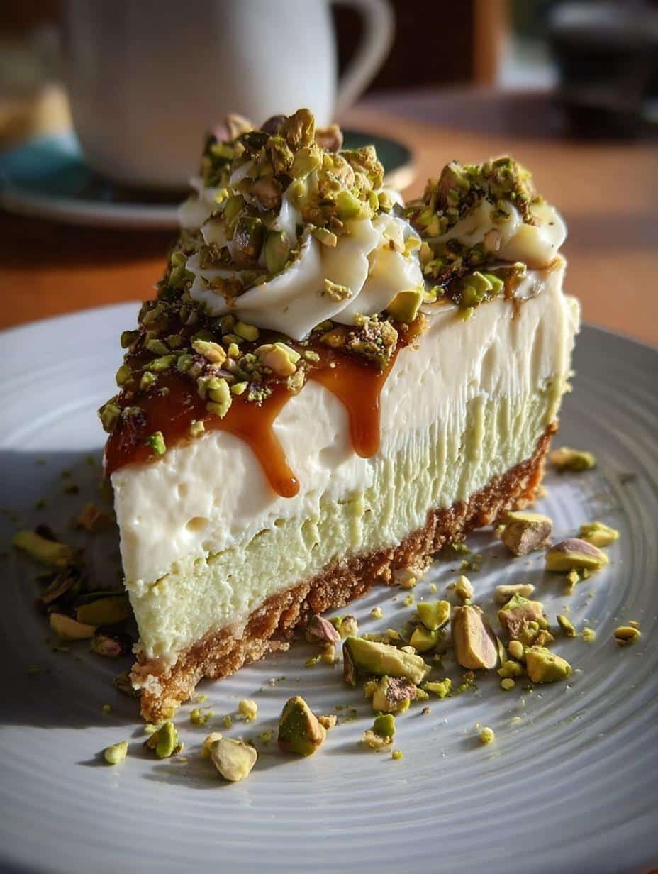Heavenly Pistachio White Chocolate cheesecake slice with a creamy texture and vibrant green pistachios, a pure bliss dessert