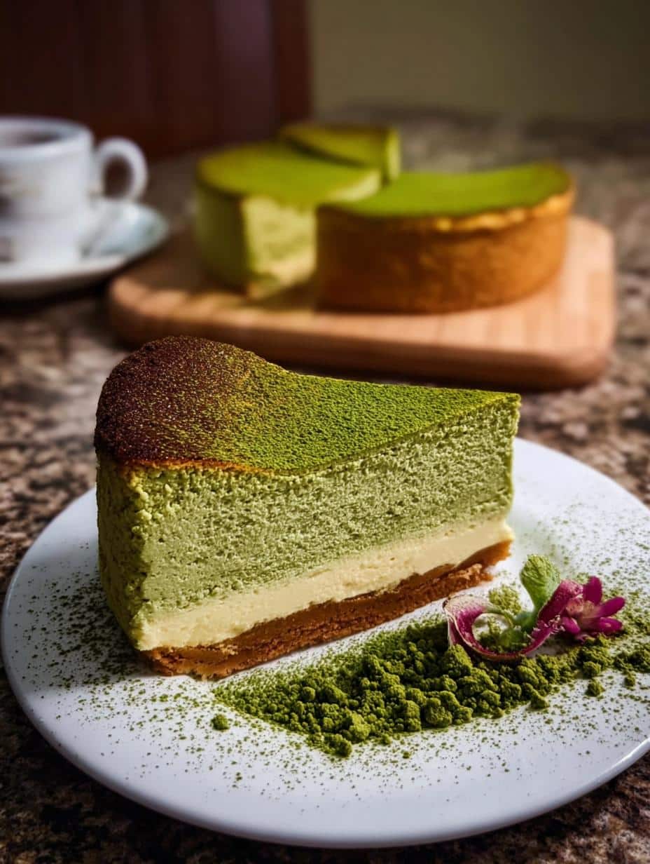 Irresistible Matcha Japanese Cheesecake with a perfect jiggly texture on a white plate, ready to be served