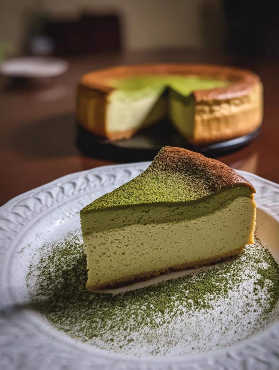 Delicious slice of Matcha Japanese Cheesecake on a plate, showing its airy texture and vibrant green color