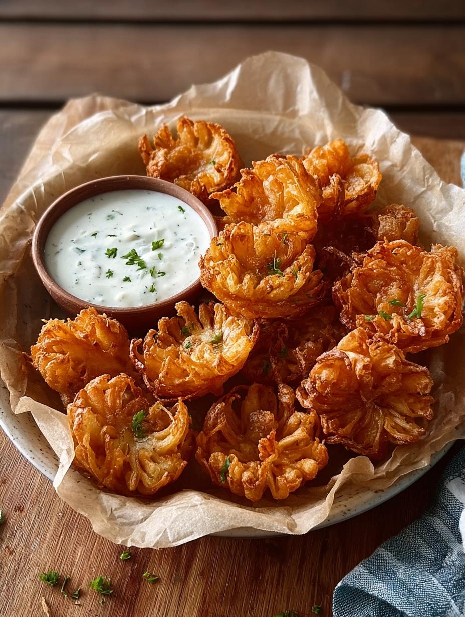 Delicious Mini Crispy Blooming Onions with dipping sauce on a white plate