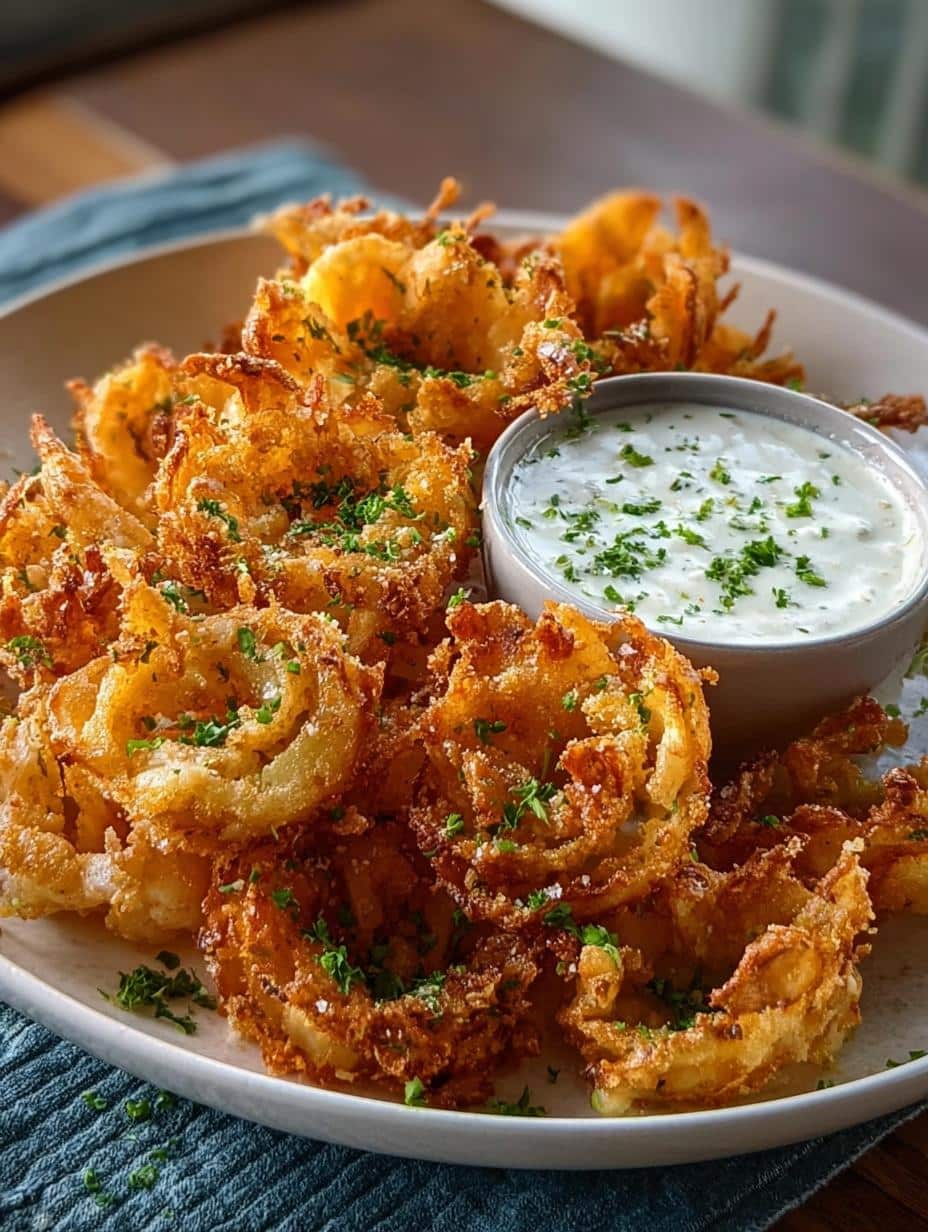 Close-up of a perfectly fried Mini Crispy Blooming Onion with a creamy dip