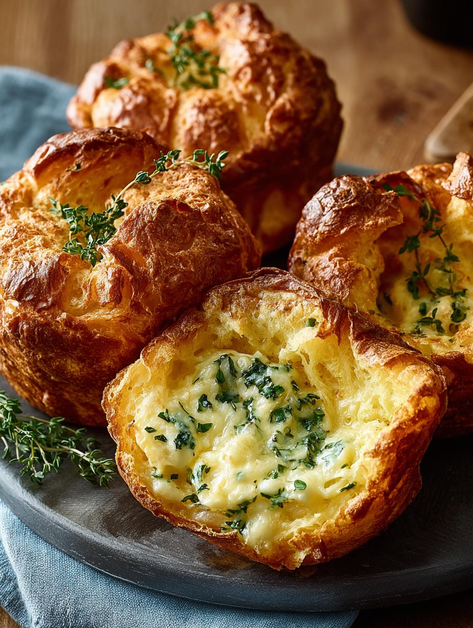Delicious Swiss Thyme Cheese Popovers served with a side of soup