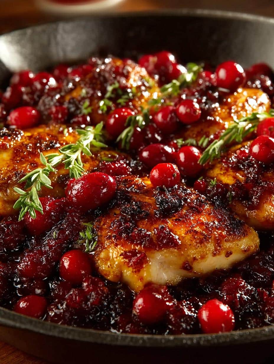 Delicious Skillet Cranberry Orange Chicken garnished with fresh herbs