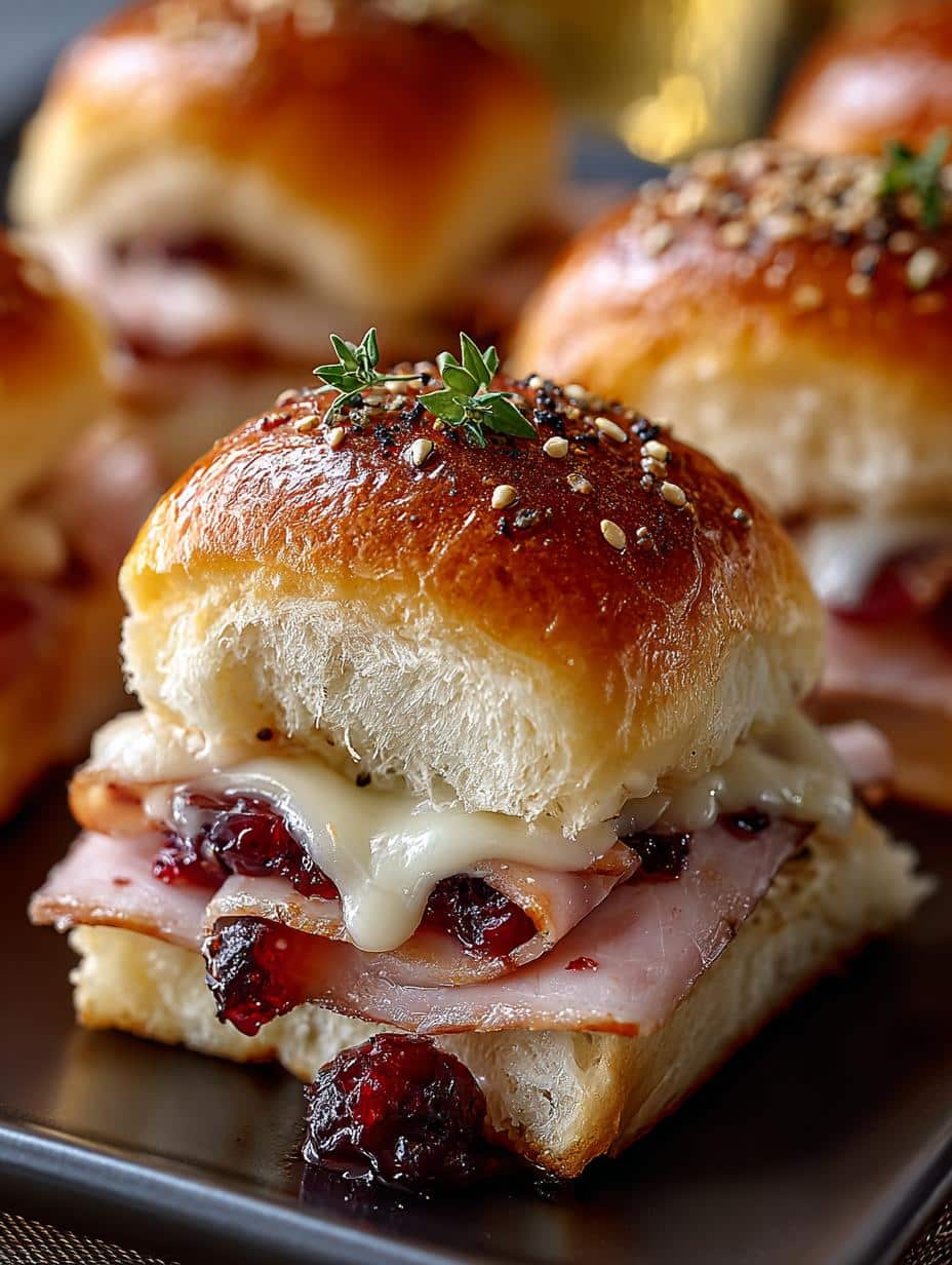 Irresistible Ham Cranberry Sliders Melty fresh from the oven on a serving platter