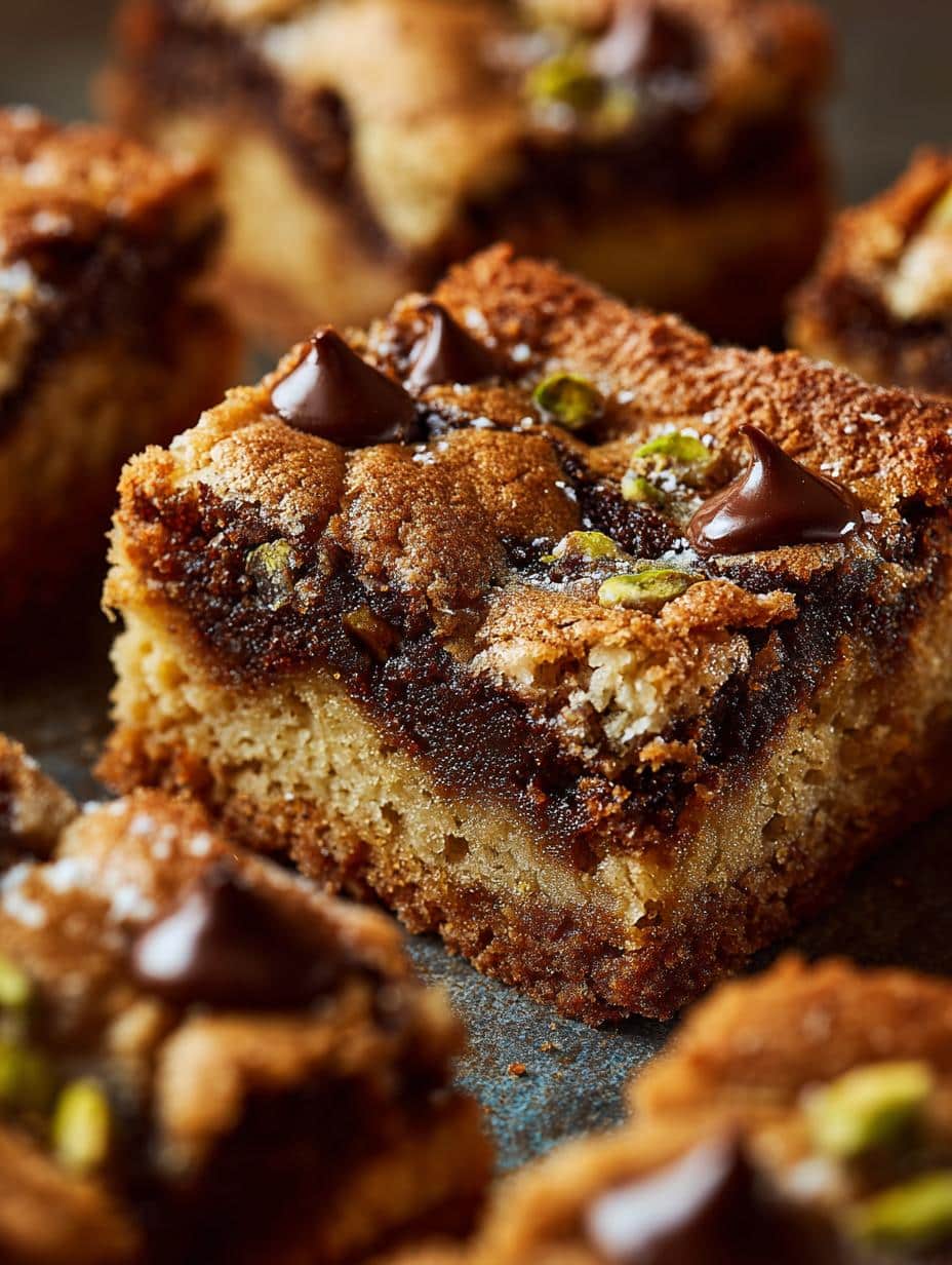 Irresistible Pistachio Blondies Brown Butter fresh from the oven on a cooling rack